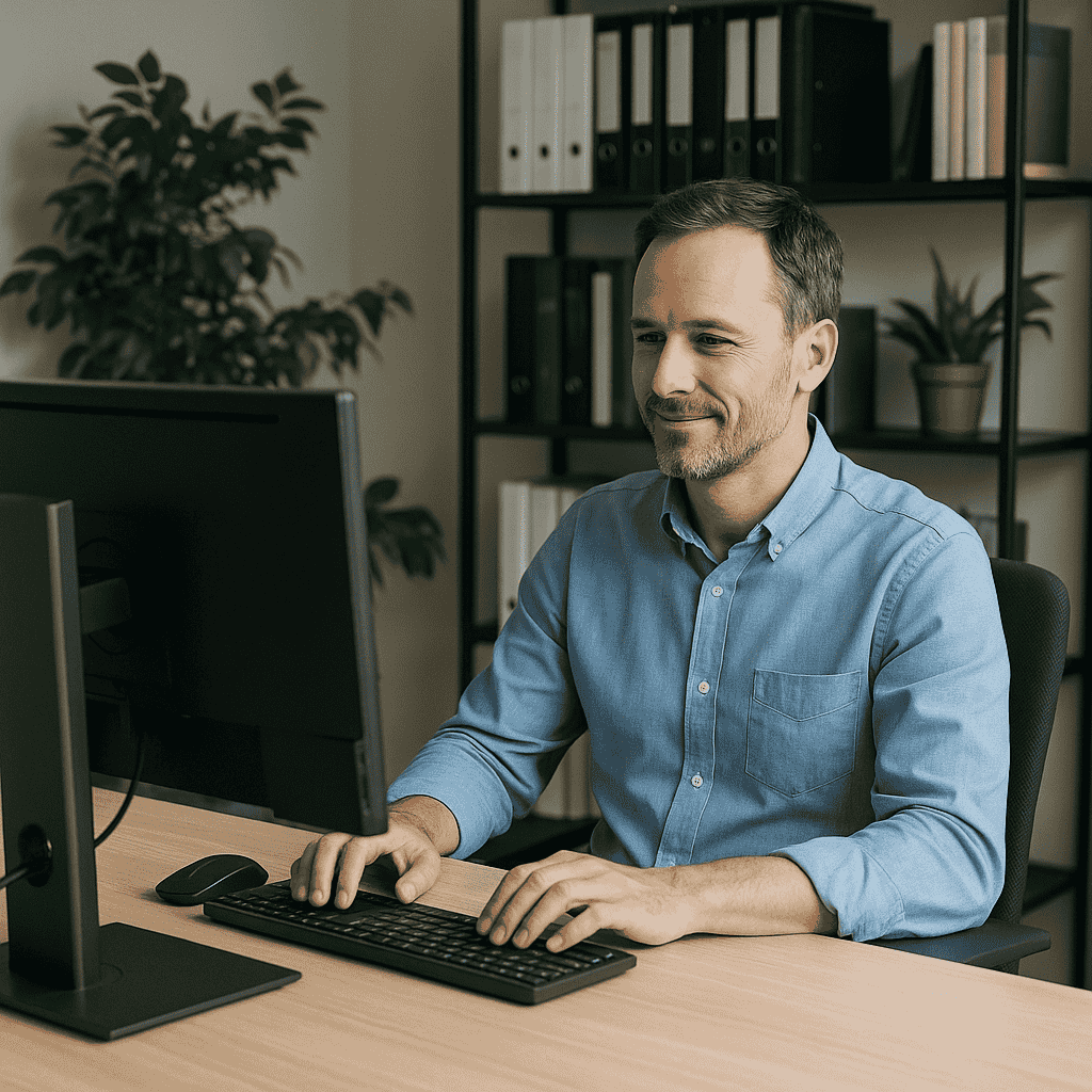 En ekonom arbetar i affärssystemet Pyramid Business Studio