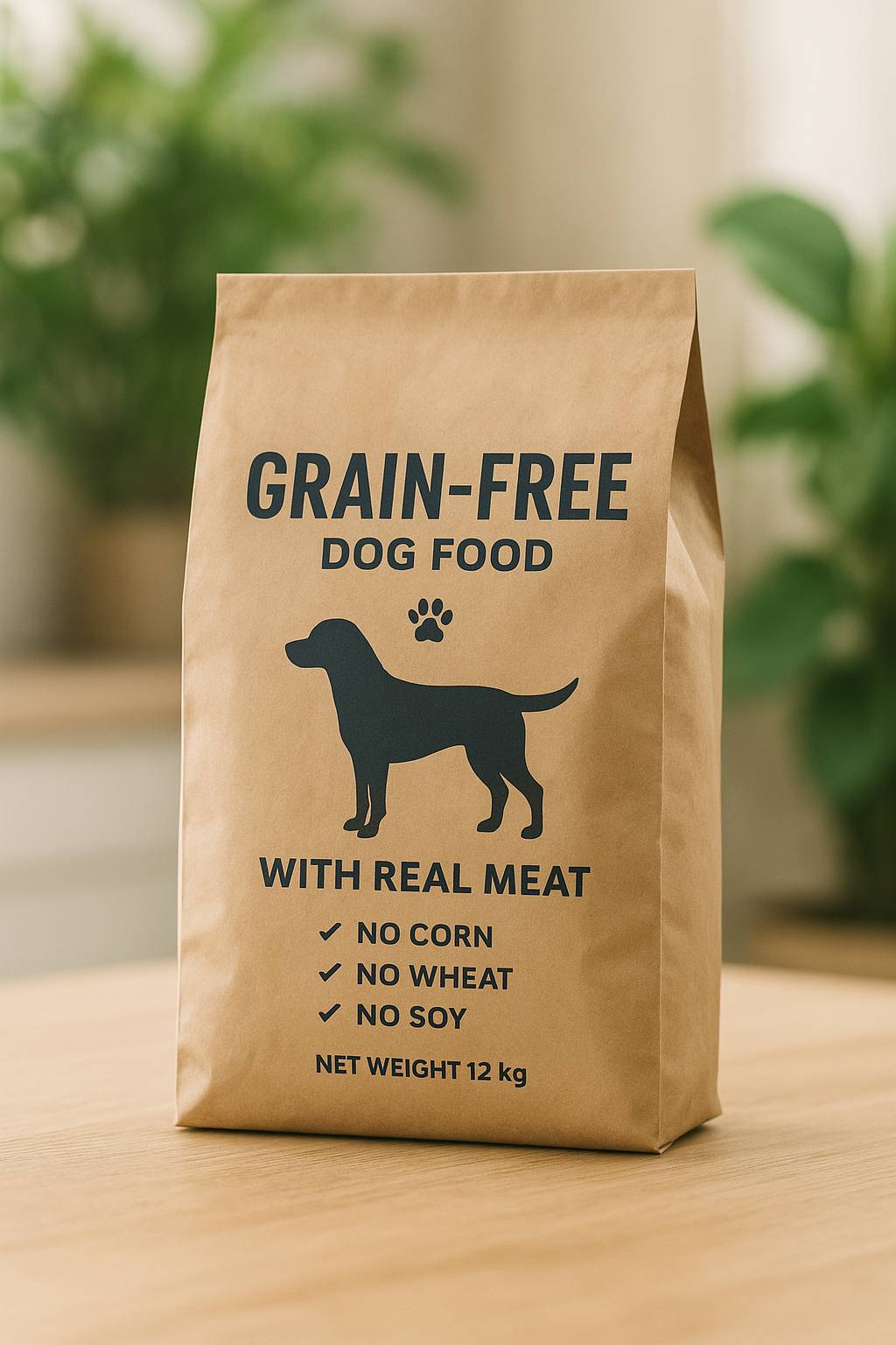 En brun påse spannmålsfritt hundfoder